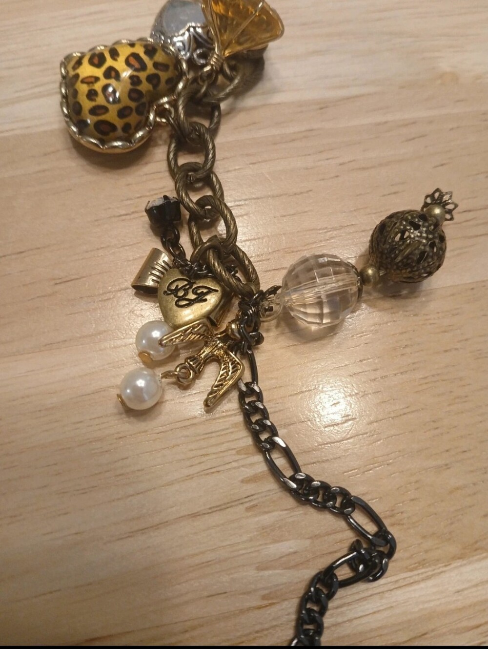 Betsey Johnson Gold-Tone Charm Bracelet with Leopard Heart & Pearls